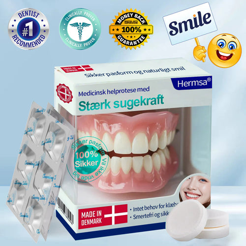 Smil og spis med selvtillid igen — Hermsa® medicinsk sugekop-tandprotese🍀✅ Fremstillet og leveret i Danmark🍀