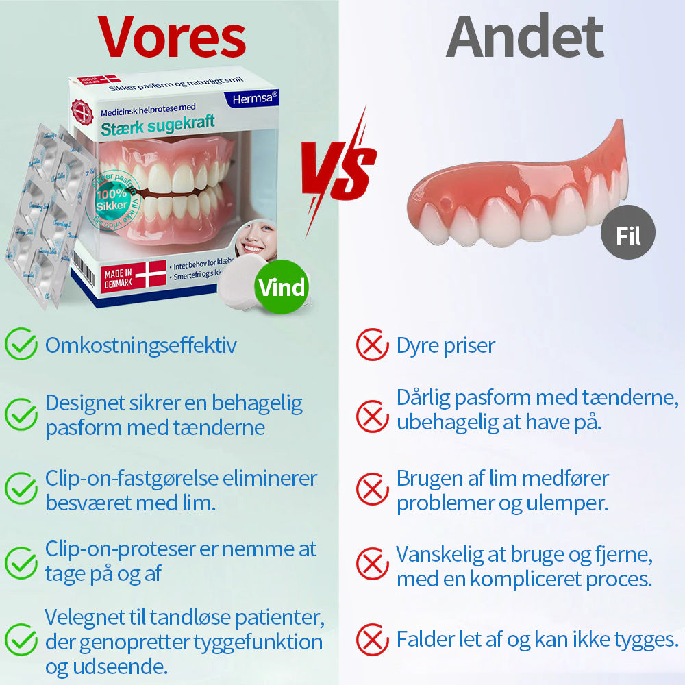Smil og spis med selvtillid igen — Hermsa® medicinsk sugekop-tandprotese🍀✅ Fremstillet og leveret i Danmark🍀